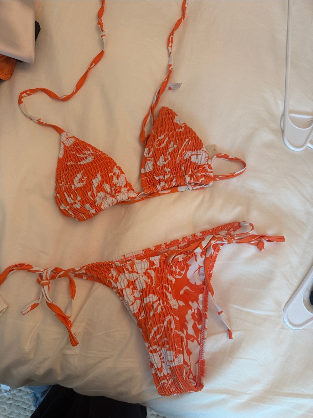 Orange & White Floral Smocked Triangle Bikini